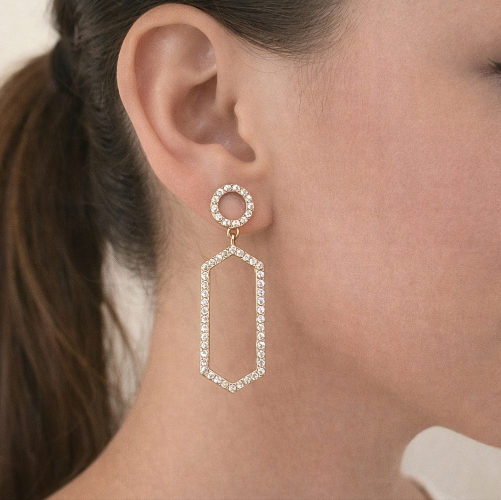 Gold Rhinestones dangle earrings geometric cocktail wedding formal 💖2/$30